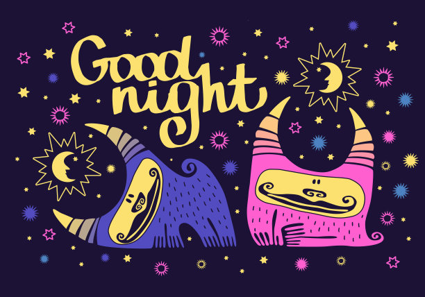 可爱的动物。长着角的可爱怪物。女孩和男孩怪物在星空的背景。祝晚安。太阳和月亮。刻字。图片下载