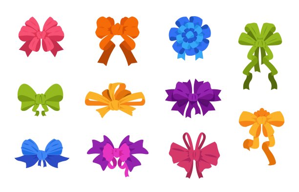 卡通蝴蝶结和丝带。圣诞和生日礼盒元素，蝴蝶结和领带的海报和贺卡。矢量领带套装图片下载