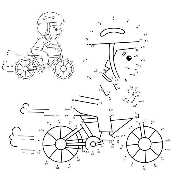 儿童数字游戏。一个骑自行车或自行车的卡通男孩的轮廓。儿童涂色书。图片下载