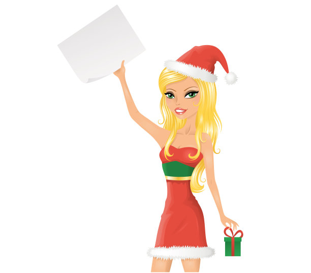 可爱的圣诞女孩和一张纸。孤立在白色的。图片下载