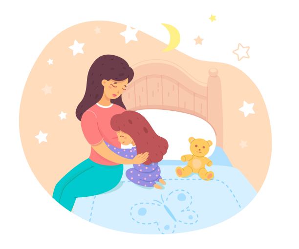 女儿睡前在孩子的卧室拥抱妈妈图片下载