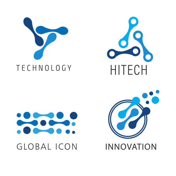 抽象标志模板设计由蓝色抽象形状的分子构成一个从矢量图案的插图。创意概念、图标、标志、符号、身份、品牌，适用于商业、科技、高科技、教育、创新。图片下载