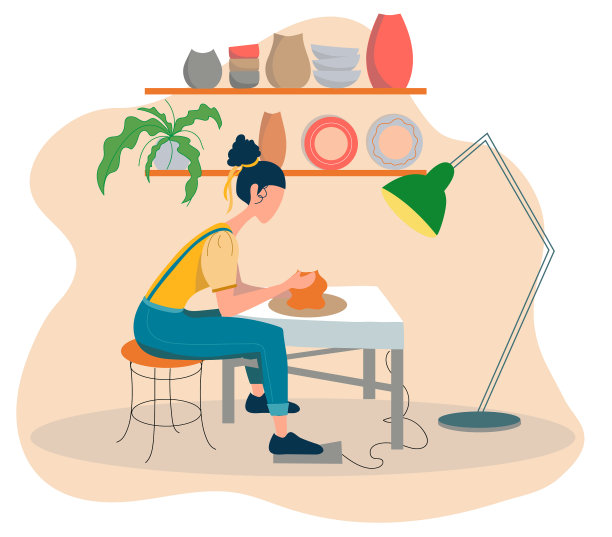 陶器的爱好。陶艺大师、陶艺艺术家或陶艺匠人工作室平面矢量插画图片下载