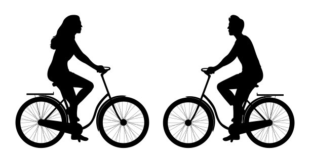 一个男人和一个女人骑自行车的剪影，孤立在白色的背景上。运动和户外活动。健康的生活方式。矢量图图片下载