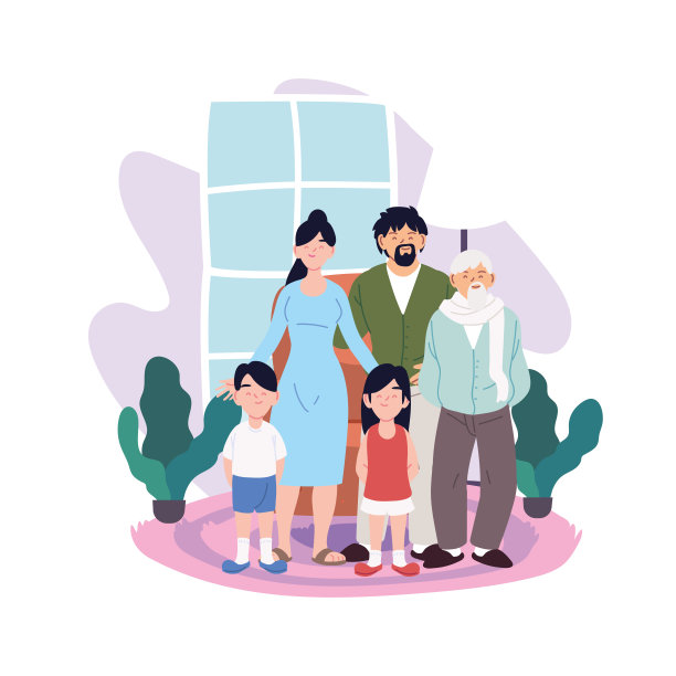 妈妈、爸爸、女儿、儿子用爷爷的动画片在家里的房间矢量设计图片下载