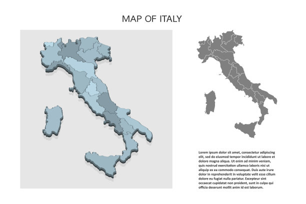 意大利的等距3D地图。以行政区划和指针为视角的政治国家地图。详细的意大利地图与地区。信息图表元素的网站，应用程序，用户界面，旅游图片下载