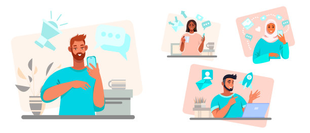 多人聊天沟通场景插画，包含手机电脑等图片下载