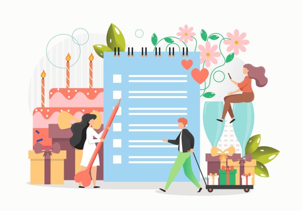 婚礼策划服务。小人制作婚礼策划清单，平面矢量插画图片下载