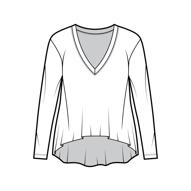 男友棉t恤技术时尚插画与深v领口，长袖，高低下摆图片下载