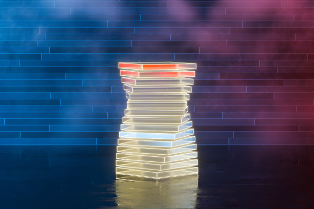 发光的几何形状与砖块背景，3d渲染。图片下载