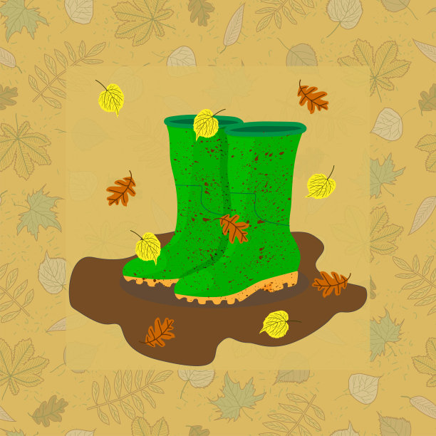 绿色泥泞的橡胶靴子在泥泞的水坑与橡树和菩提树叶图片下载