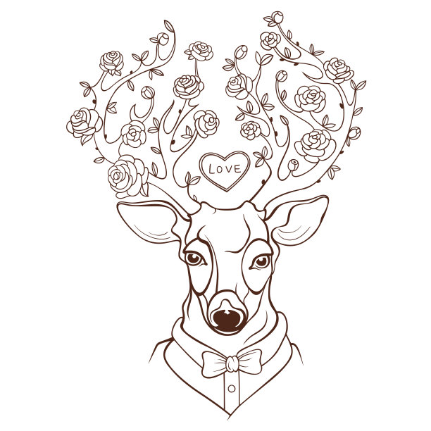 Vector用鹿角上盛开的红玫瑰装饰鹿。春雪和蓝绿色背景图片下载