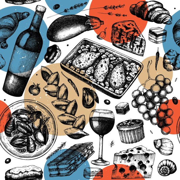 拼贴风格的法式料理图案图片下载