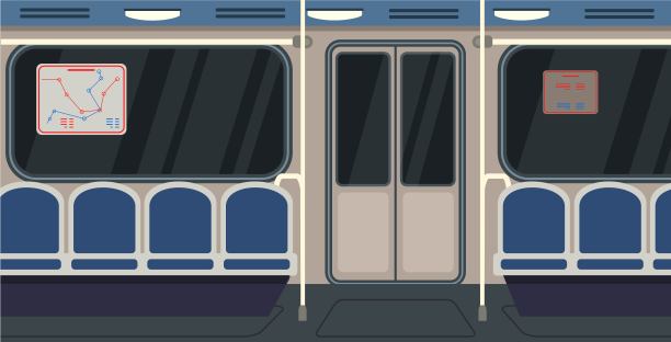 现代地铁内部设计。在空空如也的地铁车厢里。城市公共交通、地铁出行用座椅和地图矢量插图图片下载