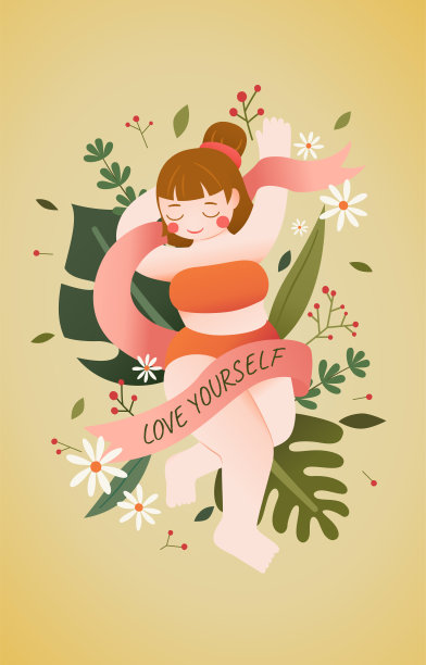 快乐的胖女人躺和姿势在花和树叶背景与微笑的脸，矢量，插图，引用图片下载