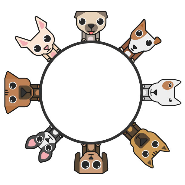 卡通狗和宠物与圆形框架。图片下载