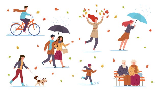 人们在秋天的季节。男人在秋天的公园里，骑着自行车，遛着狗，男人和女人带着雨伞在落叶间，退休老人坐在向量平设置的长椅上图片下载
