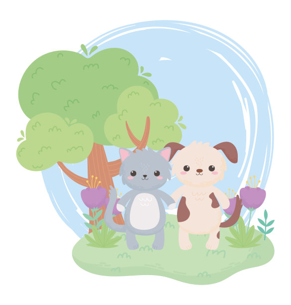 可爱的狗、猫、花、树、卡通动物在一个自然景观图片下载
