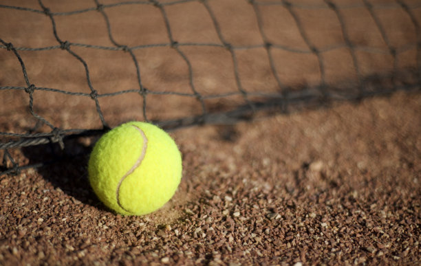 在粘土和网球网上的网球。为文本复制空间。图片下载