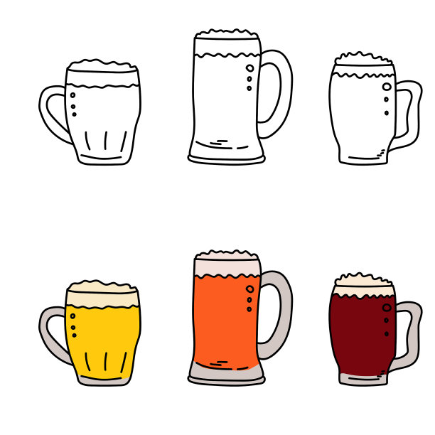 一套啤酒杯的颜色和轮廓，明亮的泡沫饮料在一个杯子，矢量手绘插图图片下载