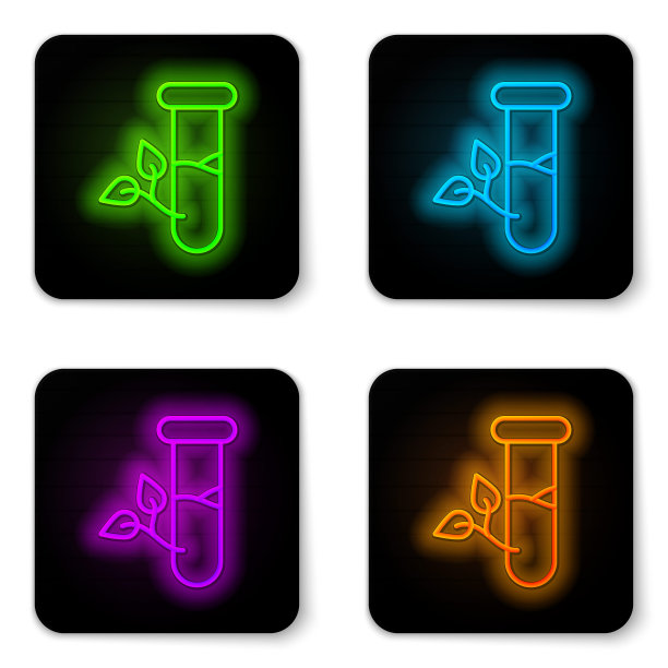发光的霓虹灯线实验室玻璃和叶子图标孤立的白色背景。带叶子的化学试管。生态实验室。黑色方形按钮。向量图片下载