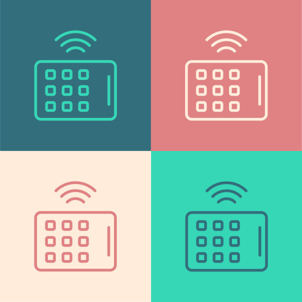 流行艺术线无线平板电脑图标孤立的颜色背景。物联网概念与无线连接。向量图片下载