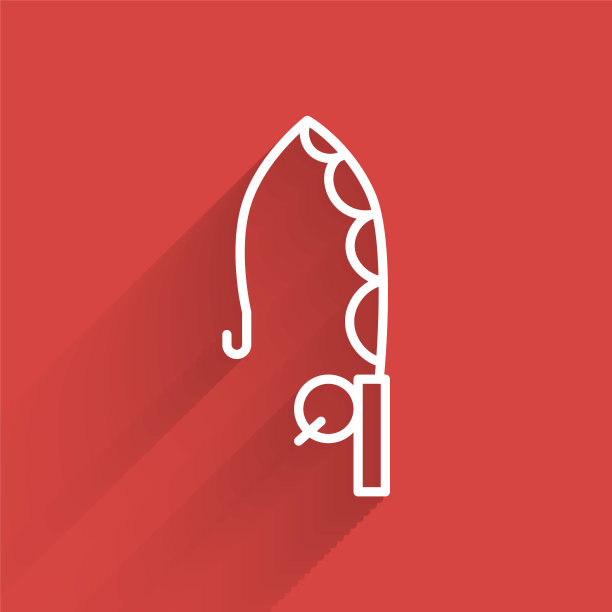 白线鱼竿图标孤立与长影子。抓一条大鱼。渔具和养鱼主题。向量图片下载