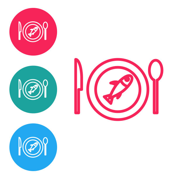 红线:盘子上有鱼，图标孤立在白色背景上。在圆形按钮中设置图标。向量图片下载