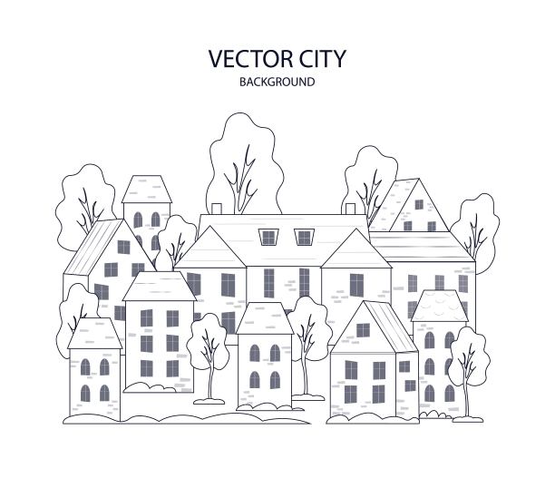 细线风格的城市全景。老城区街道景观的插图。卡通风格的可爱城市。图片下载