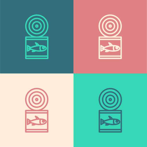 波普艺术线罐头鱼图标孤立的颜色背景。向量图片下载