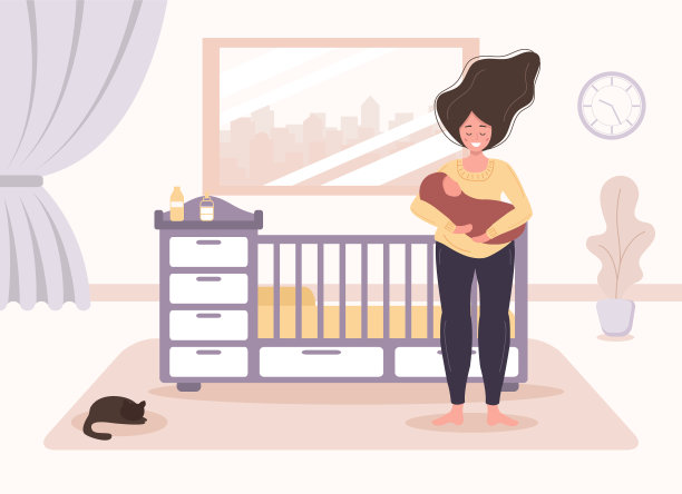 快乐的母亲。小女孩站在婴儿床前，怀里抱着婴儿。婴儿摇篮。ui, ux，应用程序，软件和信息图的创意设计。平面风格的矢量插图。图片下载