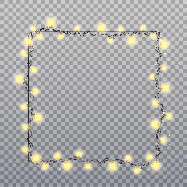 透明背景上的方形金色花环灯泡。圣诞装饰灯饰效果。黄金花环灯泡圣诞假期，生日贺卡，邀请派对，横幅，海报，网页设计图片下载