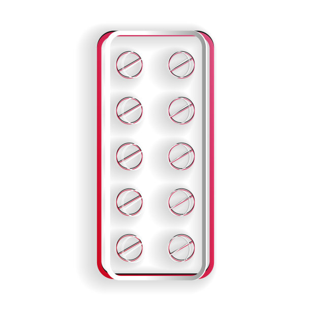 剪纸药丸在吸塑包装图标孤立在白色背景。药品片剂包装:维生素、抗生素、阿司匹林。纸艺术风格。向量图片下载