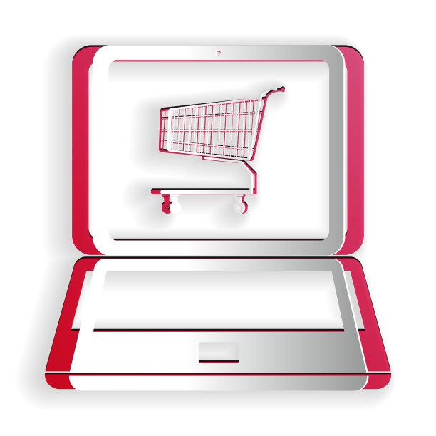 网上购物的概念。购物车在屏幕上的笔记本电脑图标隔离在白色的背景。概念电子商务，网络商务营销。纸艺术风格。向量图片下载
