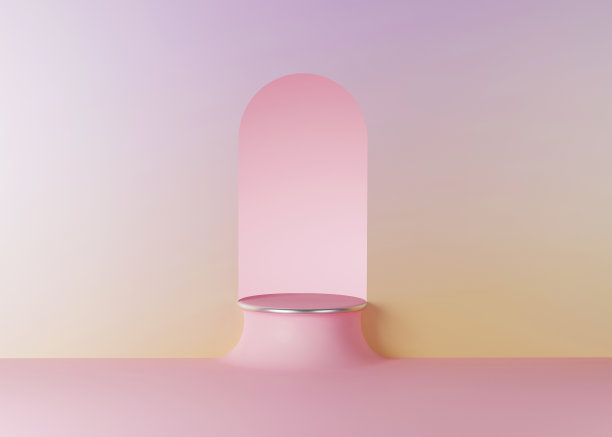 淡紫色和黄色渐变背景上的3D粉彩展示平台。复制空间抽象的最小艺术装饰拱产品。管站美女模板银平台3D渲染空白模型横幅图片下载