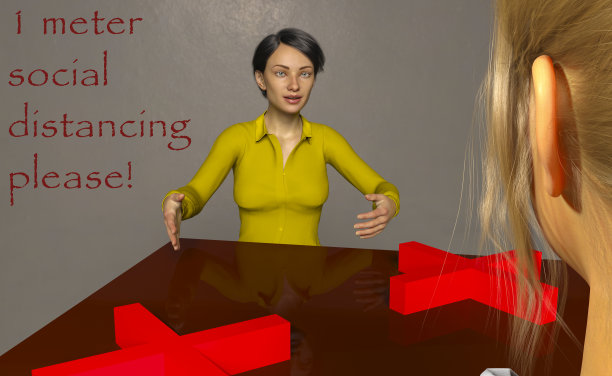 在会议中保持社交距离。图中所有的人都是通过3D渲染电脑生成的。不需要模型发布，因为它们是虚构的。图片下载