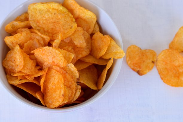 近景薯片或薯片在碗中对抗白色背景图片下载