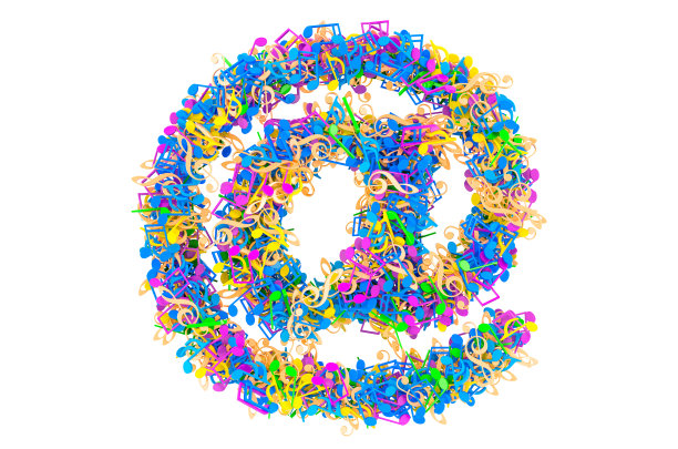 彩色音符的电子邮件标志。3D渲染孤立的白色背景图片下载