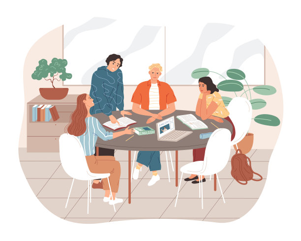 一组学生一起学习。年轻人坐在桌子旁学习。图片下载