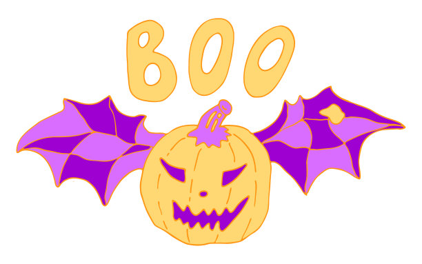 矢量插图的卡片设计和秋天装饰。万圣节卡片与橙色南瓜和紫色蝙蝠翅膀孤立在白色的背景。图片下载