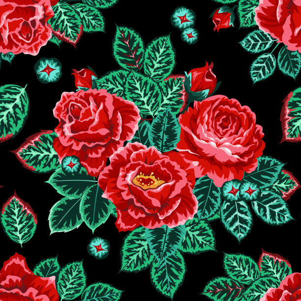 无缝模式与玫瑰花蕾和叶。图形插图上的黑色背景。适用于披肩、手帕、婚纱、面料、墙纸、图案、数码纸、服装的设计图片下载