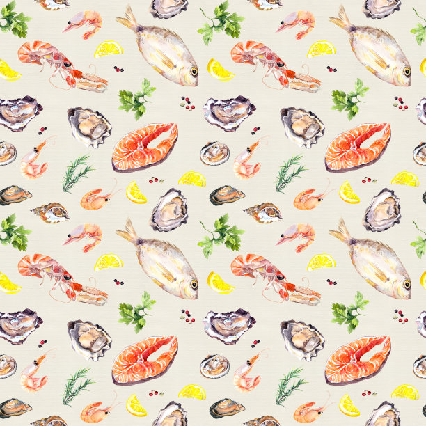 海鲜无缝模式:鱼类、鲑鱼、牡蛎、对虾、对虾、贻贝、软体动物。用柠檬和欧芹水彩画海鲜图片下载