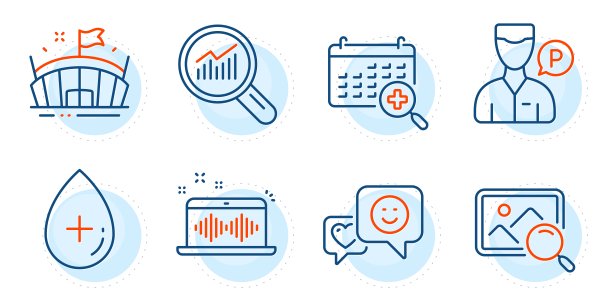 数据分析，医疗日历和搜索照片图标集。音乐制作，竞技场和油血清标志。向量图片下载