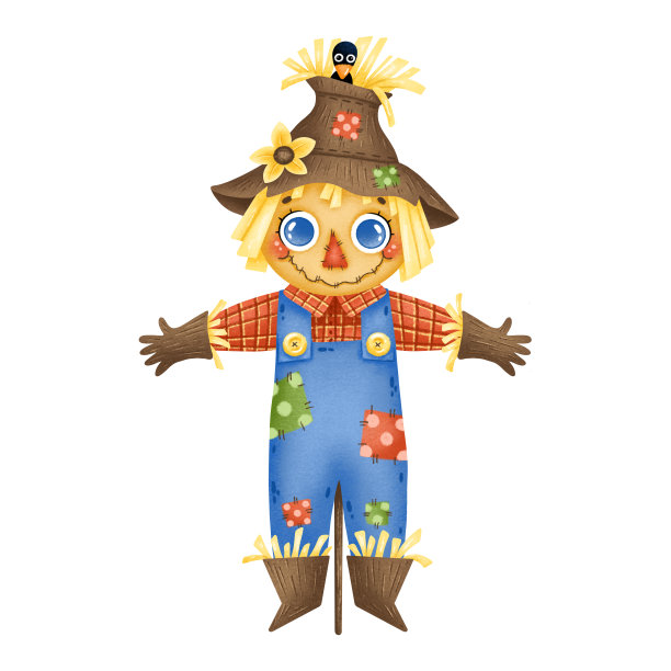 可爱的卡通农场男孩稻草人蓝色牛仔工作服的插图图片下载