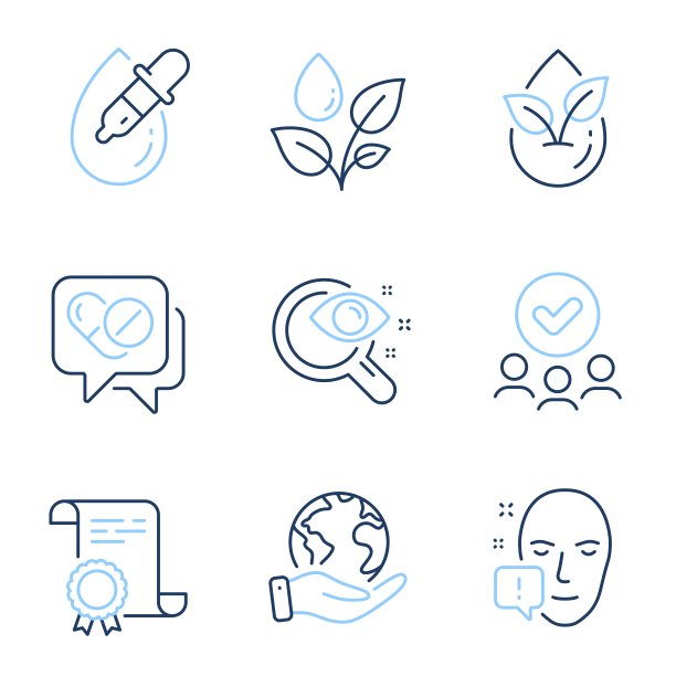 面部注意，视力测试和药物图标设置。眼药水，有机产品和植物浇水标志。向量图片下载