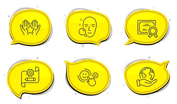 面部搜索，排名和齿轮蓝图图标设置。客户满意标志。向量图片下载