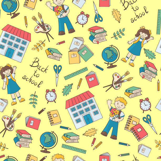 以黄色为背景的学校主题无缝图案图片下载