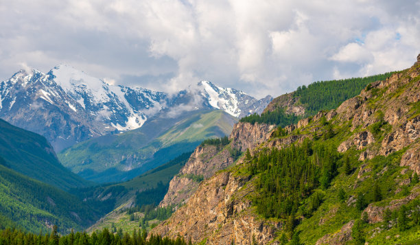 宽阔的视野的一部分积雪覆盖的岩石山与树木在前景图片下载