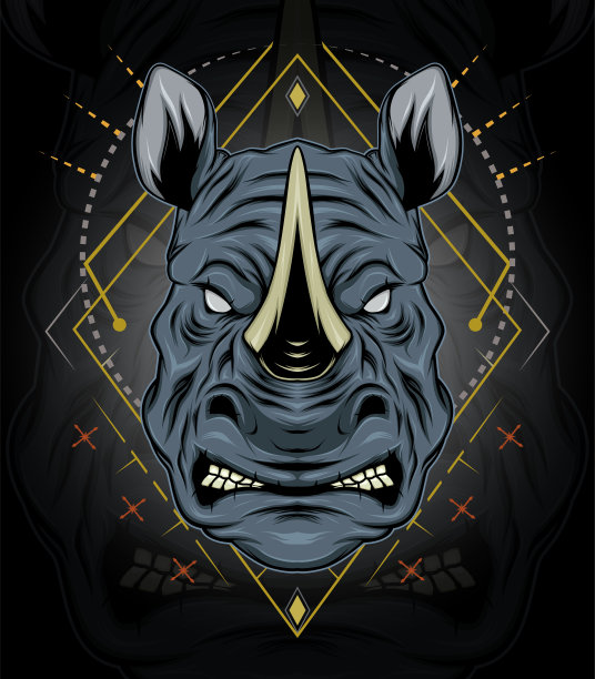 愤怒的脸犀牛卡通图标上的黑色背景图片下载