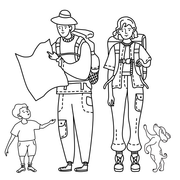 直线轮廓画旅游家庭。一个女孩背着背包去旅行。一个戴着帽子的人手里拿着一张卡片，一个孩子站在旁边，一只狗跳了起来。旅游概念向量图片下载